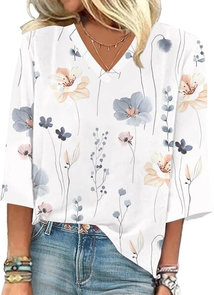 Womens 3/4 Sleeve Tops Floral Print V-neck T-shirt 2024 Fashion Ladies Tops Dressy Casual Summer Trendy Womens Blouses