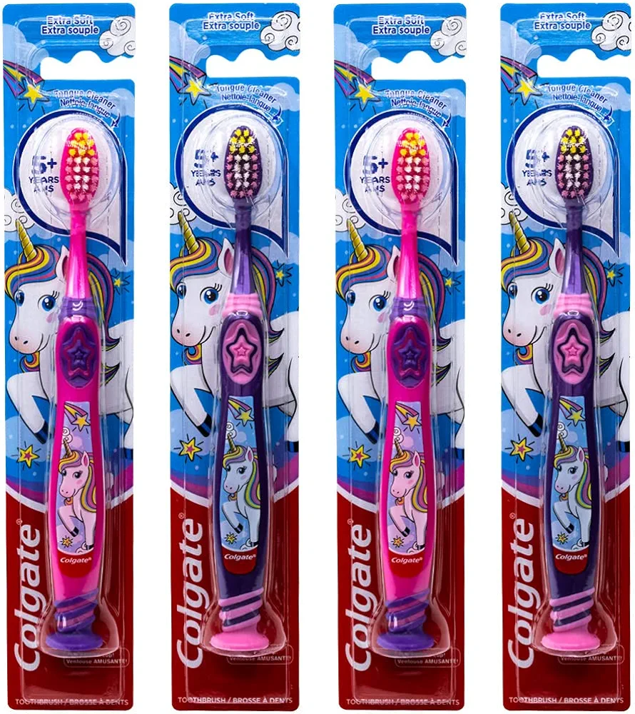 Colgate Kids Unicorn Toothbrush with Suction Cup for Children 5+ Years Old, Extra Soft (Colors Vary) - Pack of 4