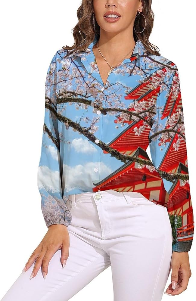 Cherry Blossom Mount Fuji Womens Long Sleeve Shirts V Neck Button Down Blouses Casual T-Shirt Tops