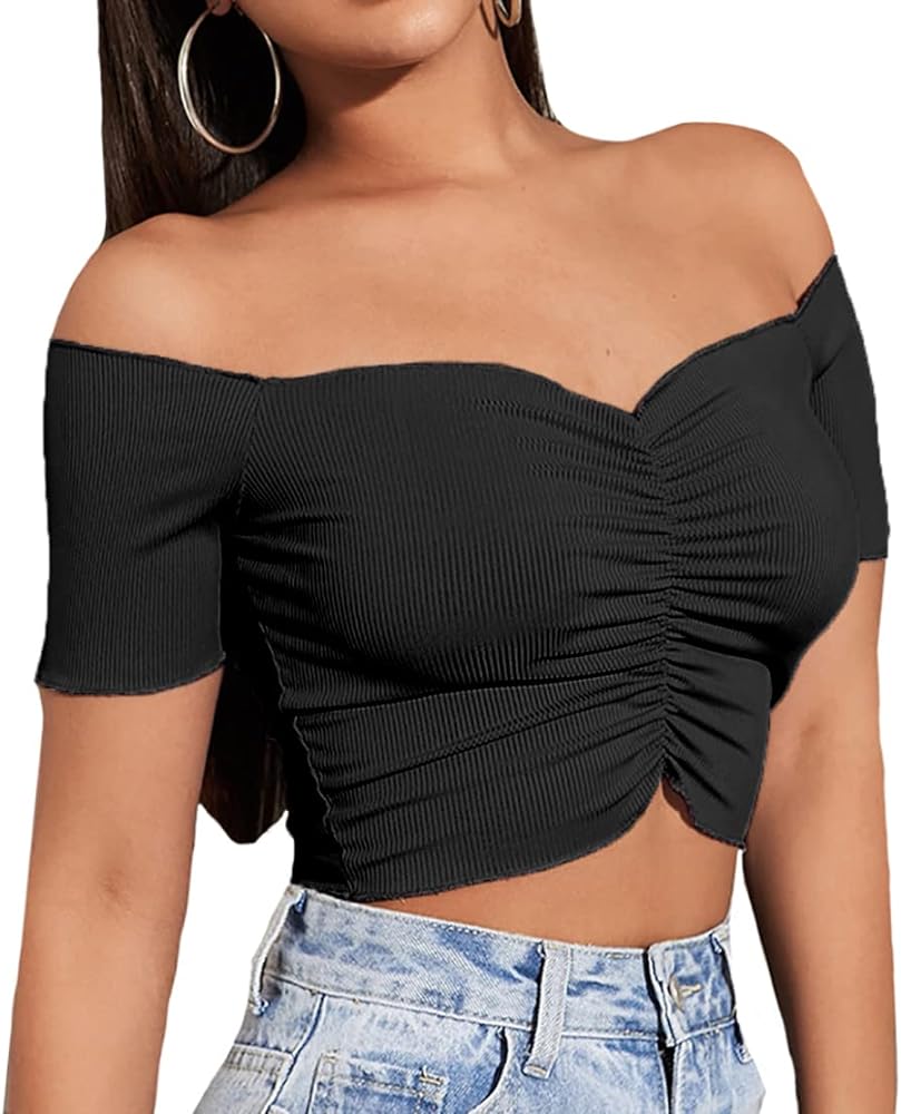 LYANER Women's Off Shoulder Ruched Short Sleeve Rib Knit Sexy Crop Top Blouse