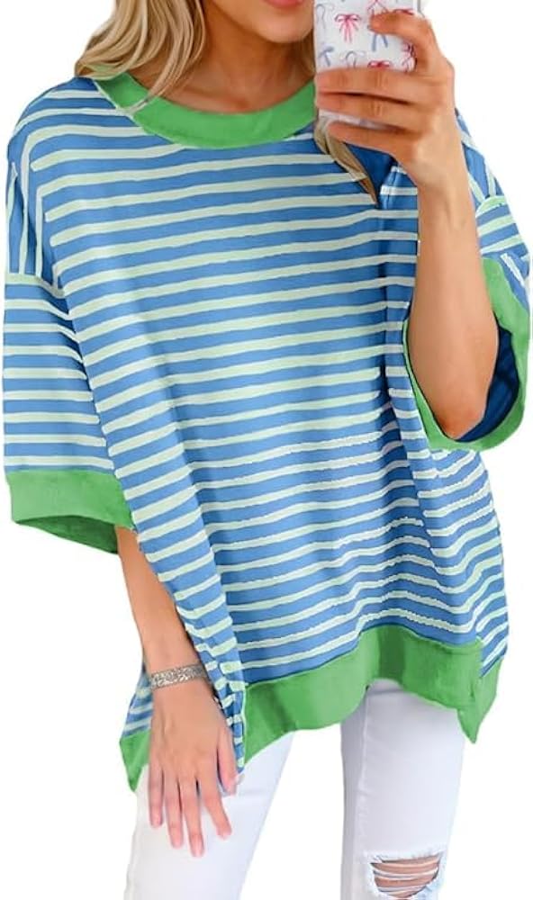 Women Stripe Colorblock Oversized T Shirt Exposed Seam High Low Pullover Crewneck Short Sleeve Blouses Tops