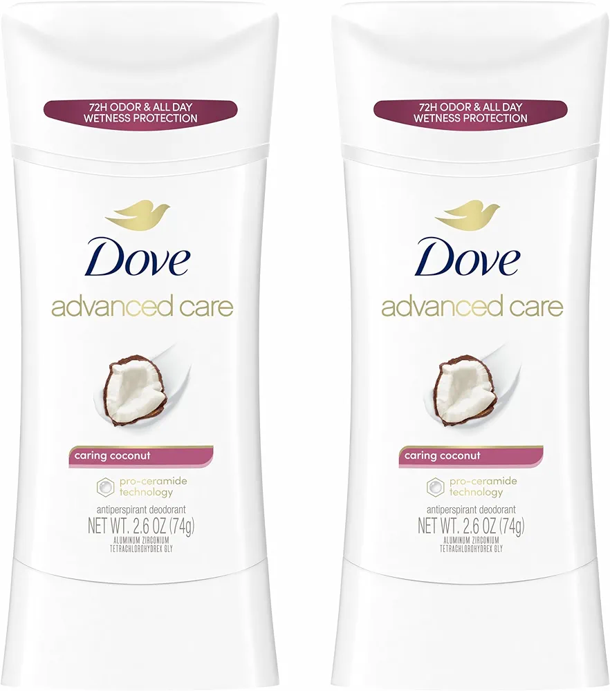 Dove Advanced Care Antiperspirant Caring Coconut, 2 Count Deodorant Stick for Women, for 48 Hour Protection And Soft And Comfortable Underarms, 2.6 oz