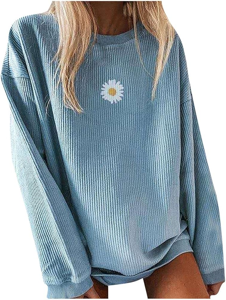 PGOJUNI Crewneck Sweatshirts for Teen Girls, Womens Sweatshirt Loose Waffle Daisy Graphic Casual Long Sleeve Basic Blouse