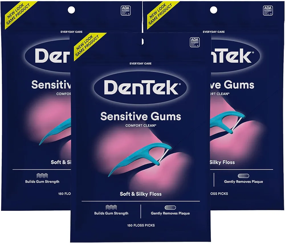 DenTek Comfort Clean Sensitive Gums Floss Picks, Soft & Silky Ribbon, 150 Count, 3 Pack