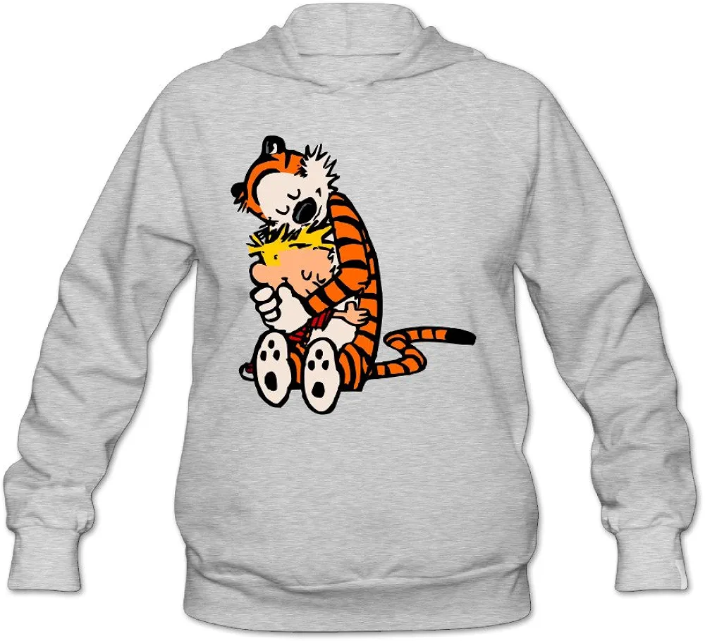 AK79 Women's Hooded Sweatshirt Calvin and Hobbes Tiger Hug Size M Ash