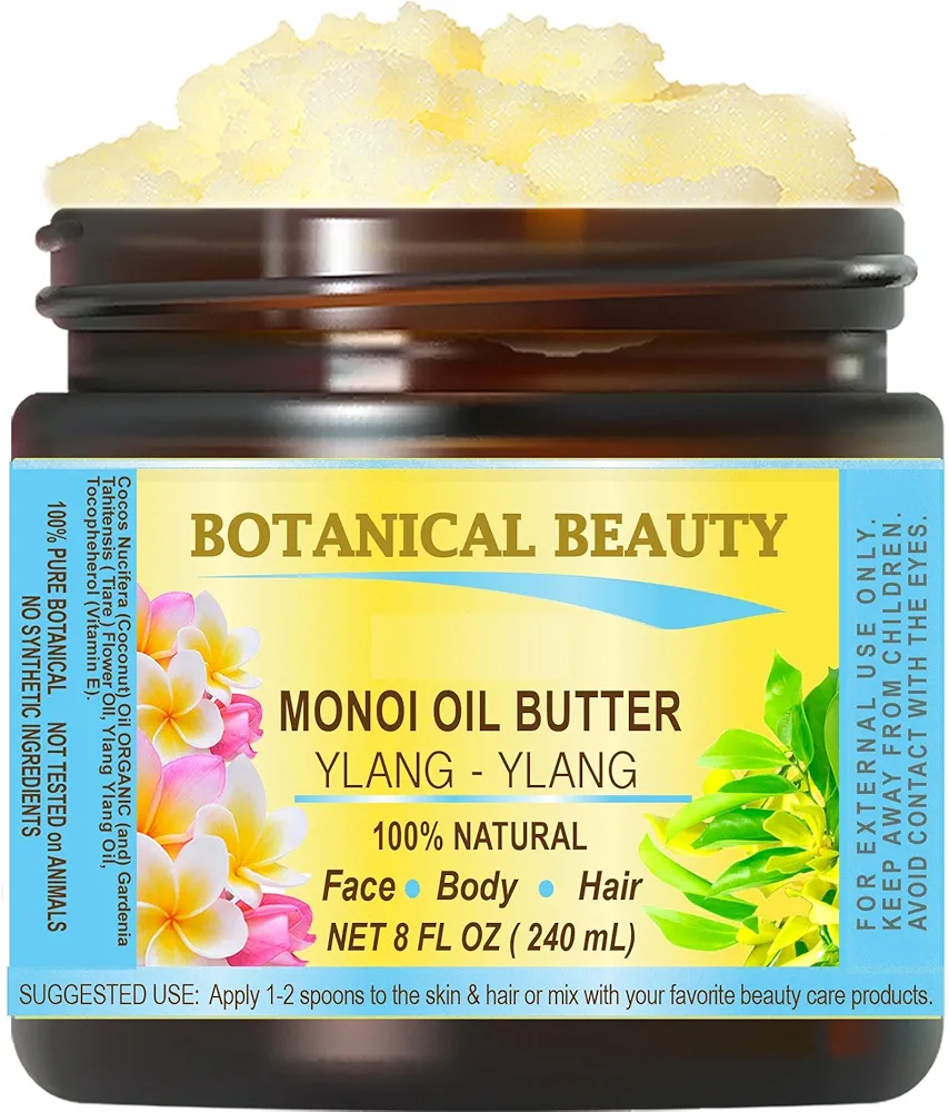 Botanical Beauty MONOI OIL BUTTER YLANG YLANG Pure Natural Virgin Unrefined RAW 8 Fl. Oz.- 240 ml for FACE, SKIN, BODY, HAIR, NAILS