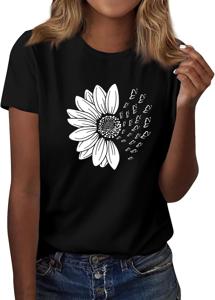 COTECRAM Women's T Shirts Short Sleeve Tees Casual Sunflower Cute Graphic Loose Summer Tops 2024