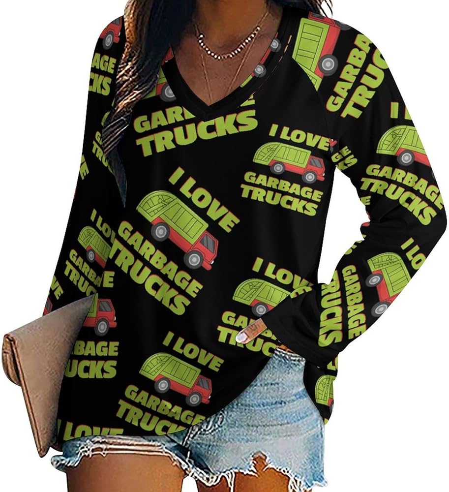 I Love Garbage Trucks Loose Womens Shirts Long Sleeve Tees Tops Casual V-Neck Graphic Blouses