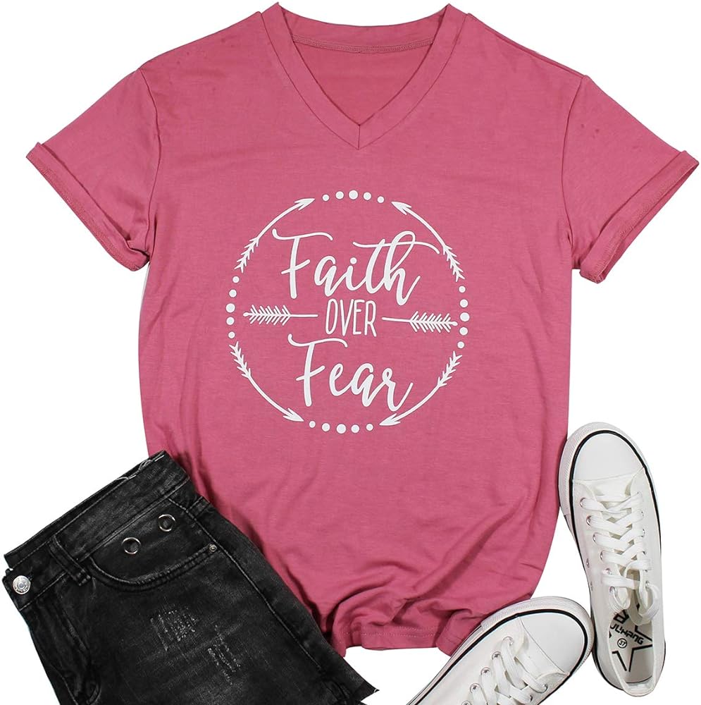 Faith Over Fear Arrow Letters Print T Shirt Women Short Sleeve V Nece Christian Tops Tee Blouse