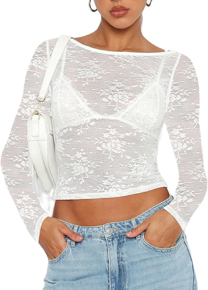 Womens Floral Lace Shirt Top Long Sleeve Sexy Mesh See Through Tshirts Slim Fit Lace Trim Tee Tops Retro Streetwear