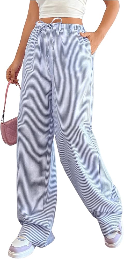 Verdusa Women's Drawstring Waist Striped Loose Lounge Pants Straight Leg Pants with Pocket