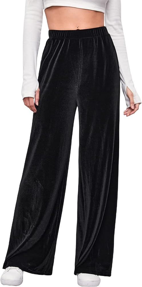 Verdusa Women's Elastic Waist Velvet Loose Wide Leg Pants Long Palazzo