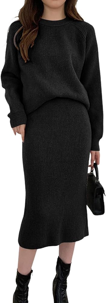 chouyatou Women's Two Piece Sweater Skirt Sets Knit Sweater Top Bodycon Skirt 2 Piece Outfits