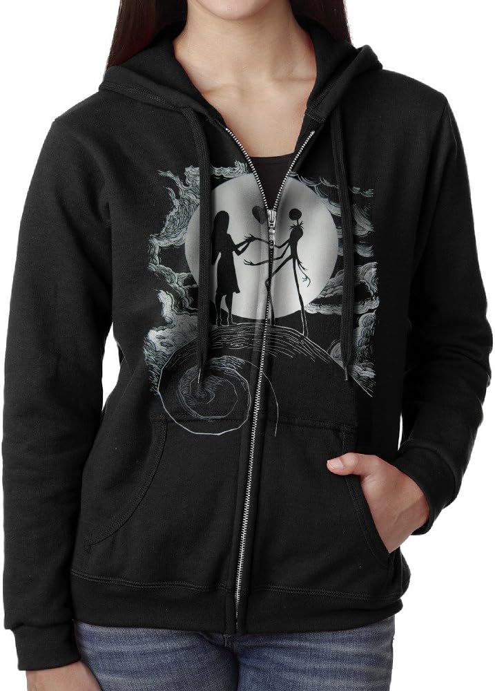 The Nightmare Before Christmas Women Pocket Zip Up Drawstring Hoodie Black