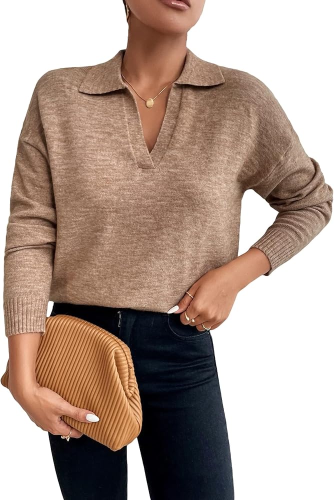 SHENHE Women's Casual V Neck Long Sleeve Knitted Pullover Polo Sweater Jumper Tops Khaki M