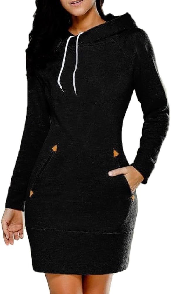 Womens Pullover Sweatshirt Long Sleeve Cotton Slim Fit Midi Hoodie Dress with Pocket (S-5XL)