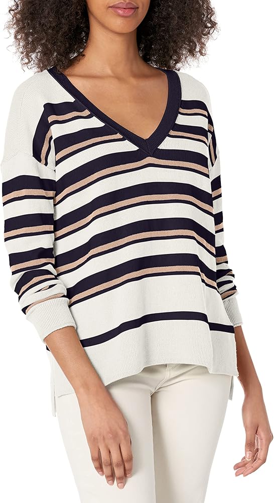 Lucky Brand Women's V-Neck Striped Sweater, Navy Combo, Medium