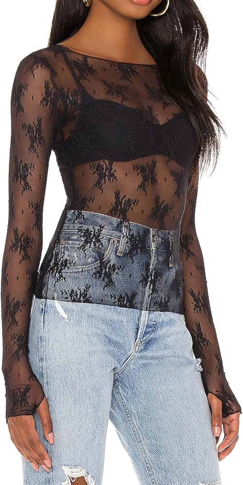 Womens Mesh Sheer Tops Long Sleeve Crew Neck See Through Sexy Shirt Clubwear Lace Floral Blouse Layering with Thumb Hole