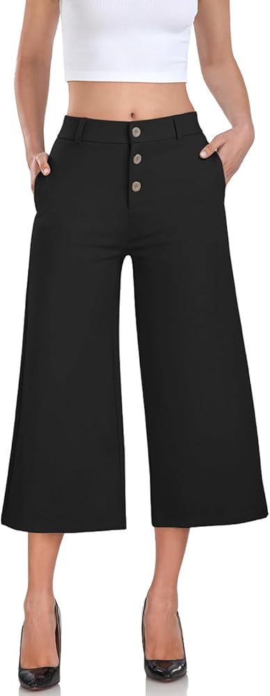 RIMLESS 7 Wide Leg Pants for Women Fashion Twill Cropped Trousers Business Casual Dress Pants Stretch Capris Work Slacks