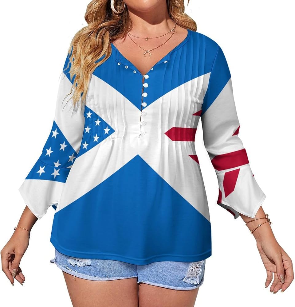 Scotland USA Flag Mix Cute Womens T-Shirts 3/4 Sleeve Button Down Tee Tops Blouse Summer Beach