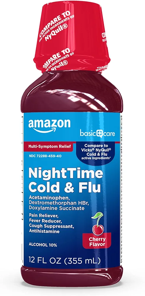 Amazon Basic Care Night Time Cold & Flu Liquid, Cherry, 12 fl oz (Pack of 1)