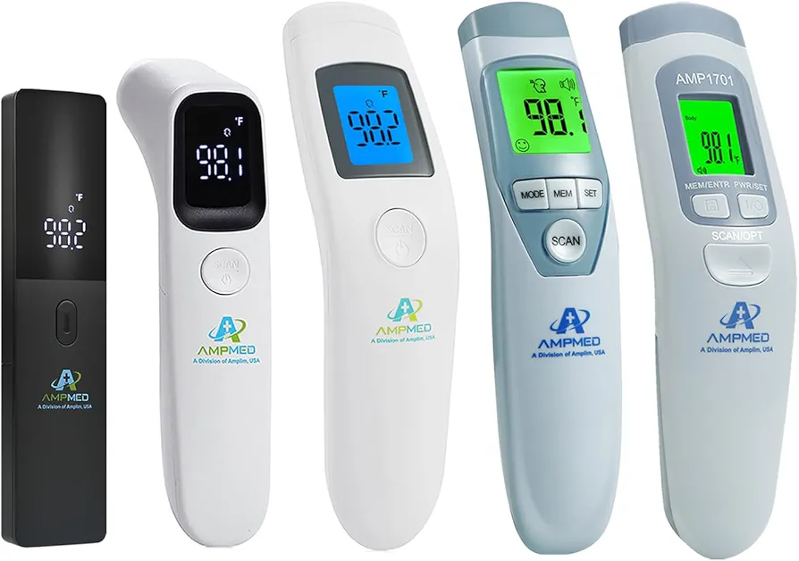 Amplim 5-Pack Hospital & Medical Grade Non Contact Digital Infrared Forehead Thermometer for Babies, Kids, and Adults.