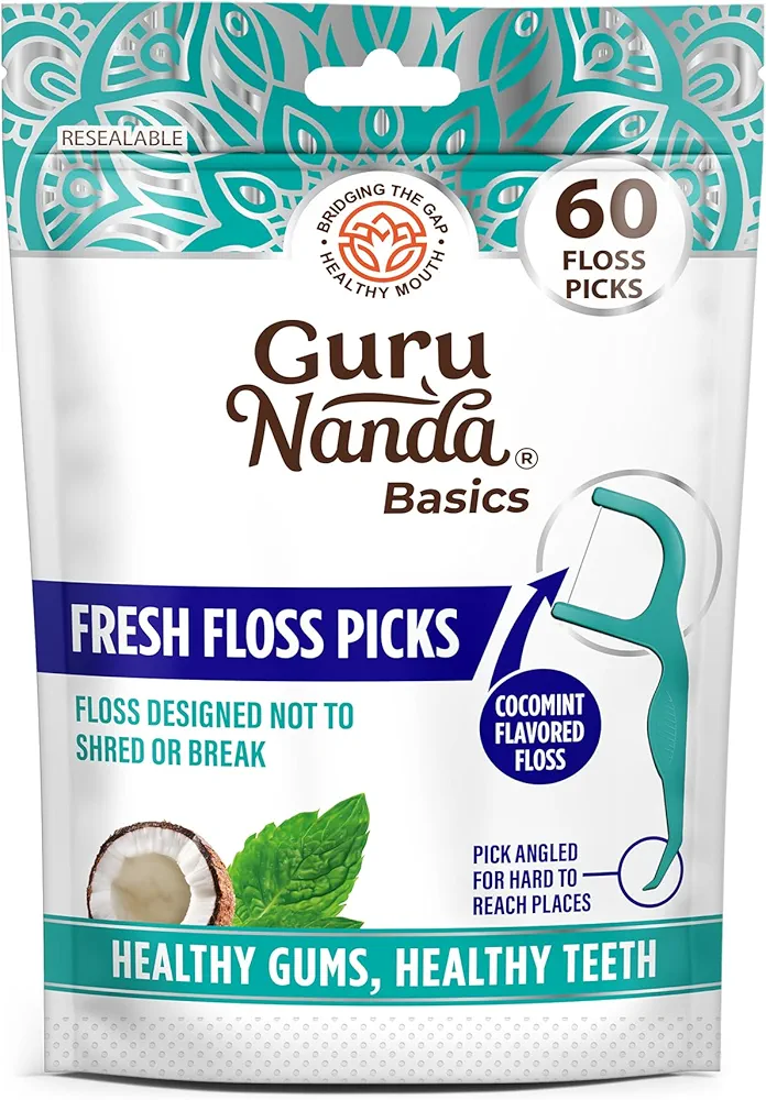 GuruNanda Fresh Floss Dental Picks - Non- Shred Thread with Angled Pick for Effective Plaque Removal - Dentist Recommened - Travel Friendly for Adults & Kids - 60 Pack