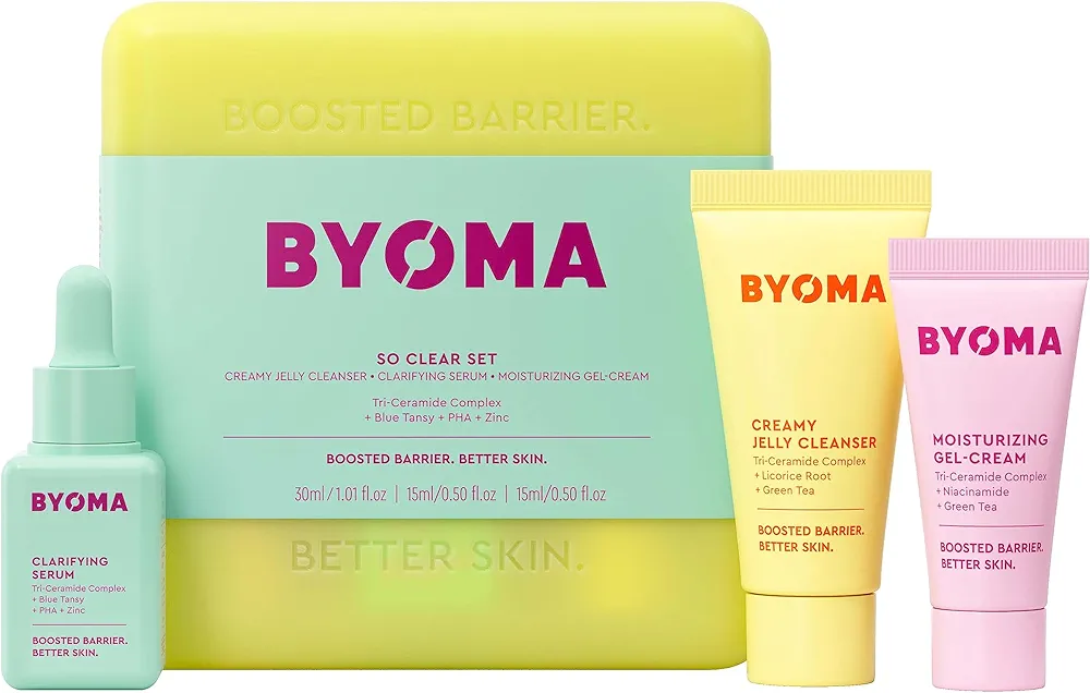 BYOMA So Clear Set - Barrier Repair Skincare Set for Acne Prone Skin - Creamy Jelly Cleanser, Clarifying Face Serum & & Gel-Cream Moisturizer - Unclogs Pores, Targets Blemishes - 30ml, 15ml, 15ml