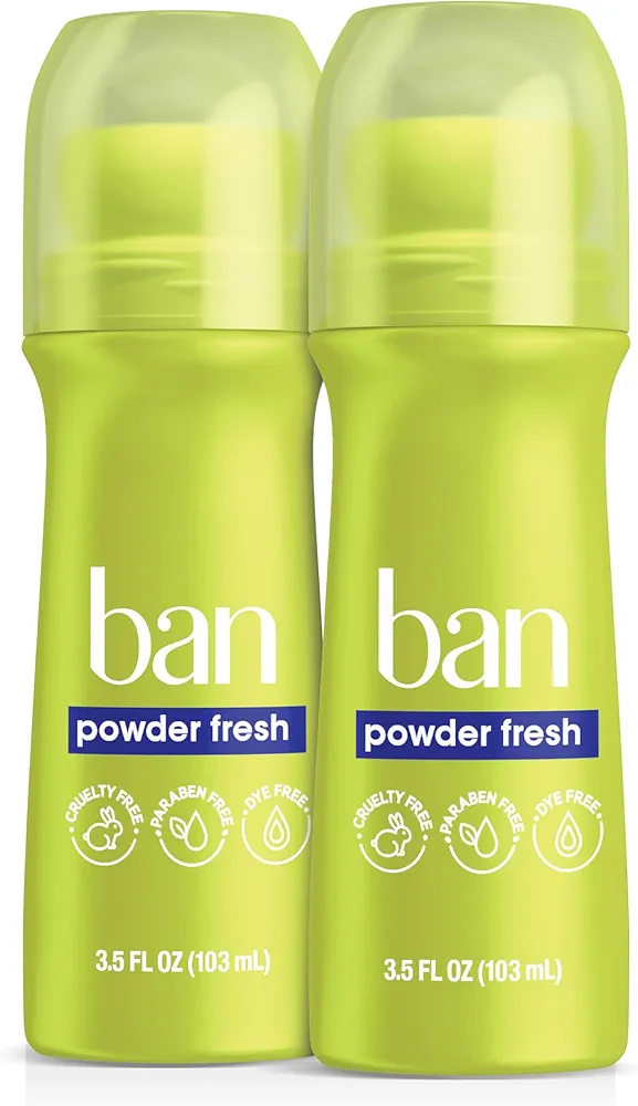 Ban Powder Fresh 24-hour Invisible Antiperspirant, Roll-on Deodorant for Women and Men, Underarm Wetness Protection, with Odor-fighting Ingredients, 3.5 Fl Oz (Pack of 2)