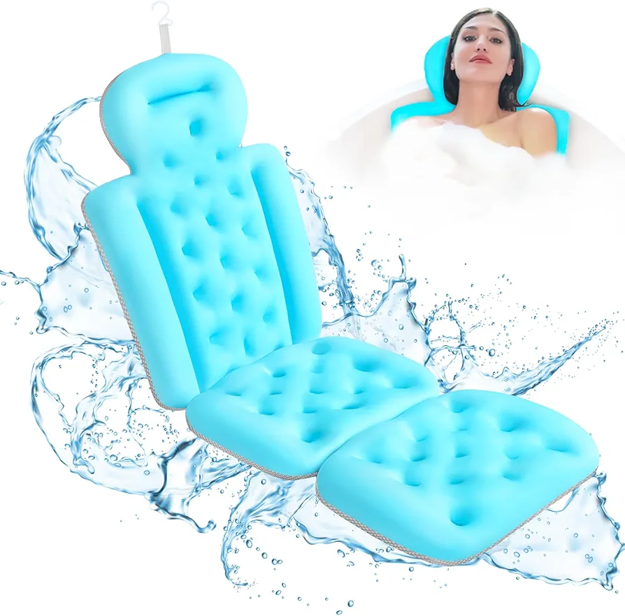 Full Body Bath Pillow for Bathtub, Bath Pillows for Tub with Powerful Non-Slip Suction Cups and Mesh Laundry Bag, Luxury Tub Pillow for Bath for Headrest Neck and Back Support Bue