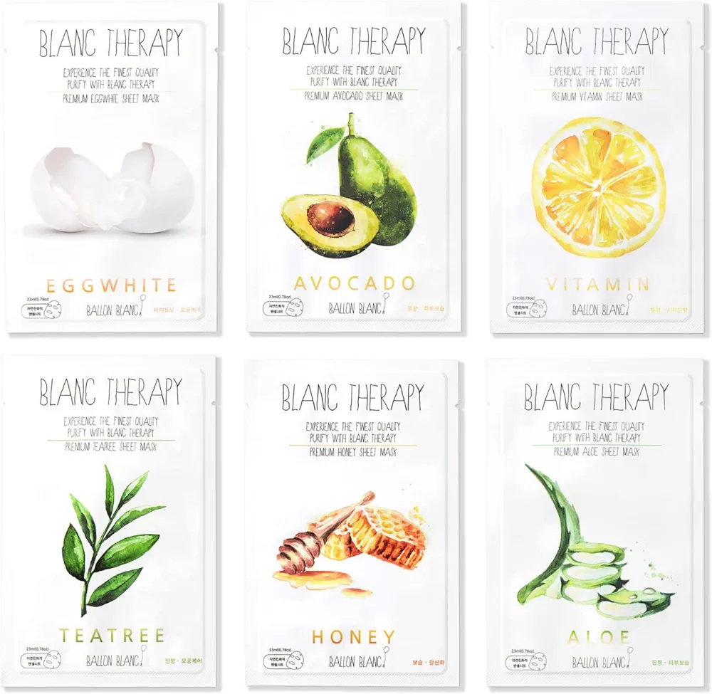 | Blanc Therapy Premium Sheet Masks | Relaxing Spa Self Care Gifts | Moisturizing Aloe and Vitamin, Skin Nutritional Korean Facial Masks for All Skin Types | 6 Masks