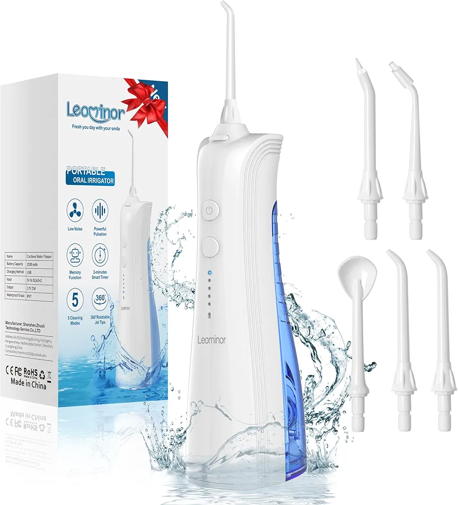 Leominor Water Dental Flosser Pick for Teeth - 5 Modes Cordless Portable Water Teeth Cleaner IPX7 Waterproof Oral Irrigator Rechargeable, Professional Flossing Cleaning Picks for Home Travel (White)