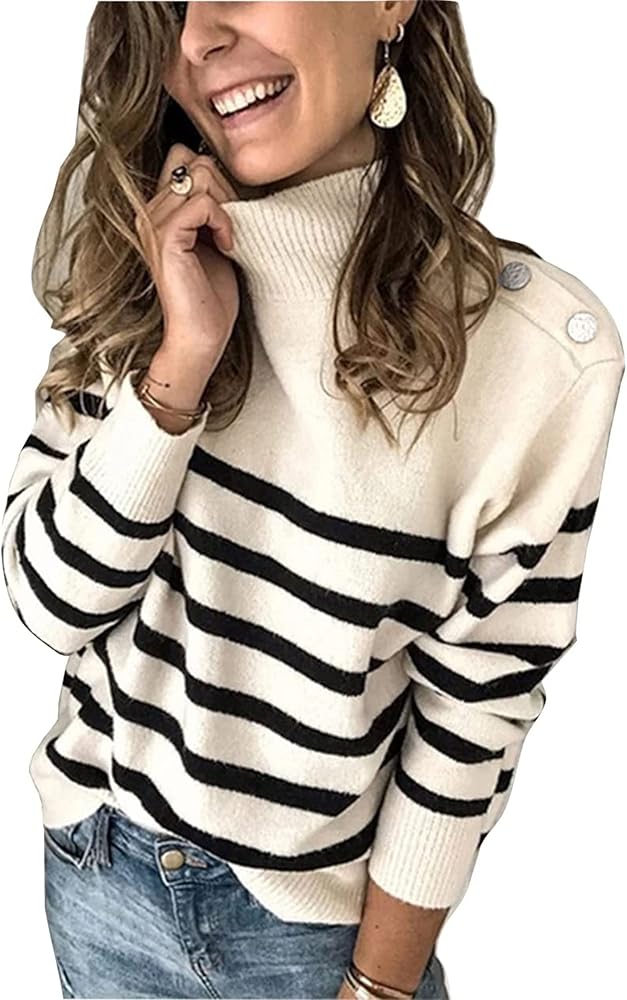 KIRUNDO Women's 2024 Fall Winter Long Sleeve Knit Sweater Turtleneck Striped Loose Pullover Tops Deco with Metal Buttons