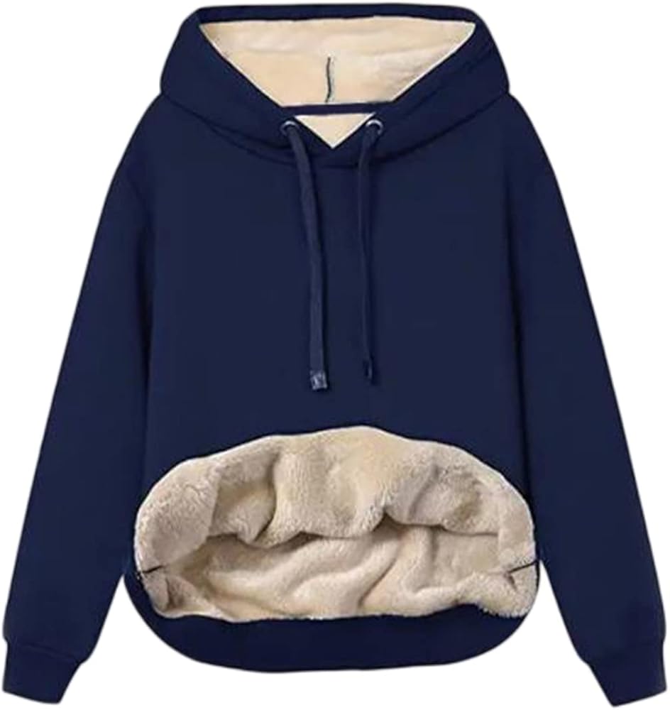 Womens Casual Winter Warm Fleece Sherpa Lined Hoodies Solid Crewneck Hooded Sweatshirts Thick Pullover Jumper Tops