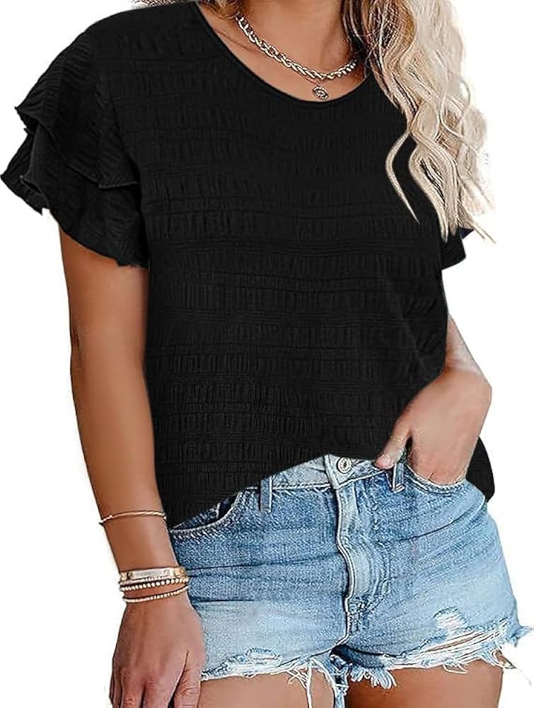 SCOMCHIC Womens Plus Size Textured Tops Summer Ruffle Short Sleeve Casual T Shirts Crewneck Loose Fit Tee Blouse Shirts