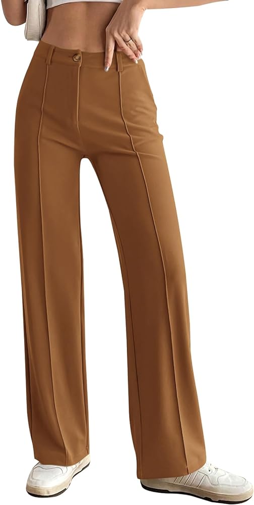 PRETTYGARDEN Straight Leg Pants Stretchy Button Business Casual Work Trousers Knit Elastic Waist Slacks