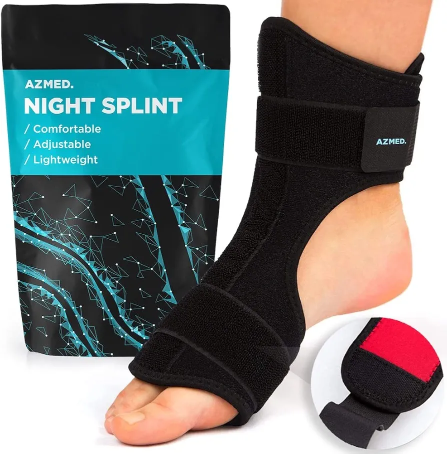 AZMED Plantar Fasciitis Night Splint & Support, Adjustable Orthotic Foot Drop Brace for Achilles Tendonitis and Heel Spur Relief, Black