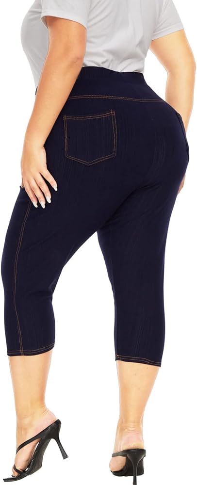 Jeggings for Women Plus Size Capri, Stretch Jeans Look Leggings High Waist Denim Capris with Pockets Pull On