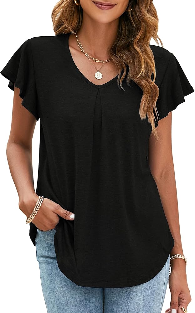 Women's Ruffle Short Sleeve Tops V Neck T-Shirts Solid Color Blouse Casual Summer Tunic Tops