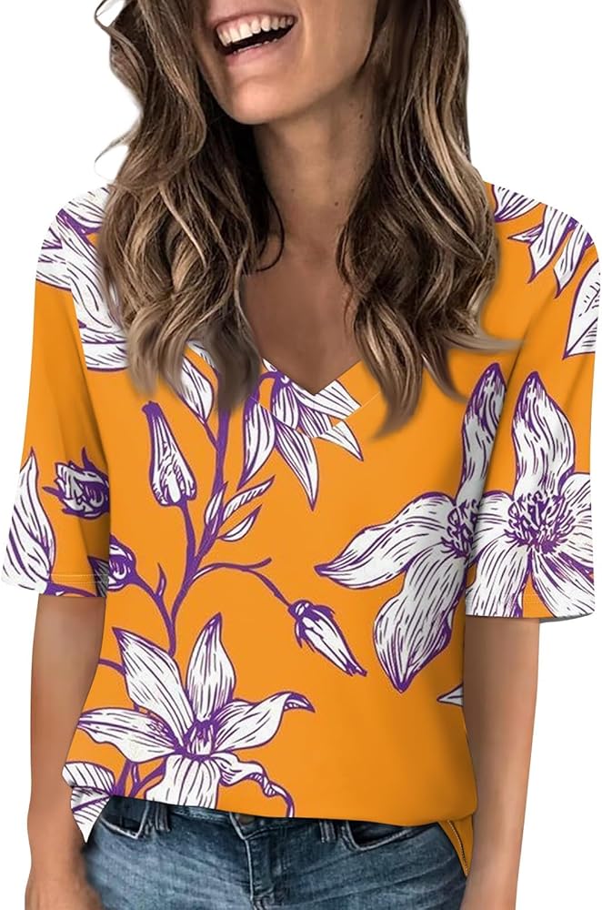 Women's Summer Tops Elbow Length Sleeve V Neck Half Sleeve Floral Shirts Trendy Loose Fit Blouse Casual Outfits