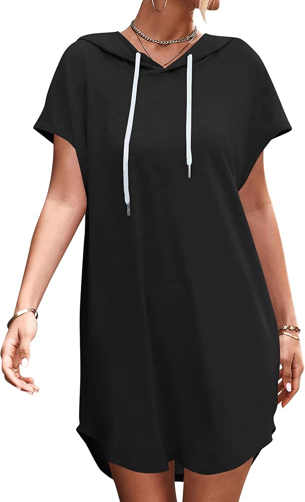 MAVIS LAVEN Women's Summer Casual Batwing Short Sleeve Sweatshirt Dress Drawstring Hoodie Dress with Pockets