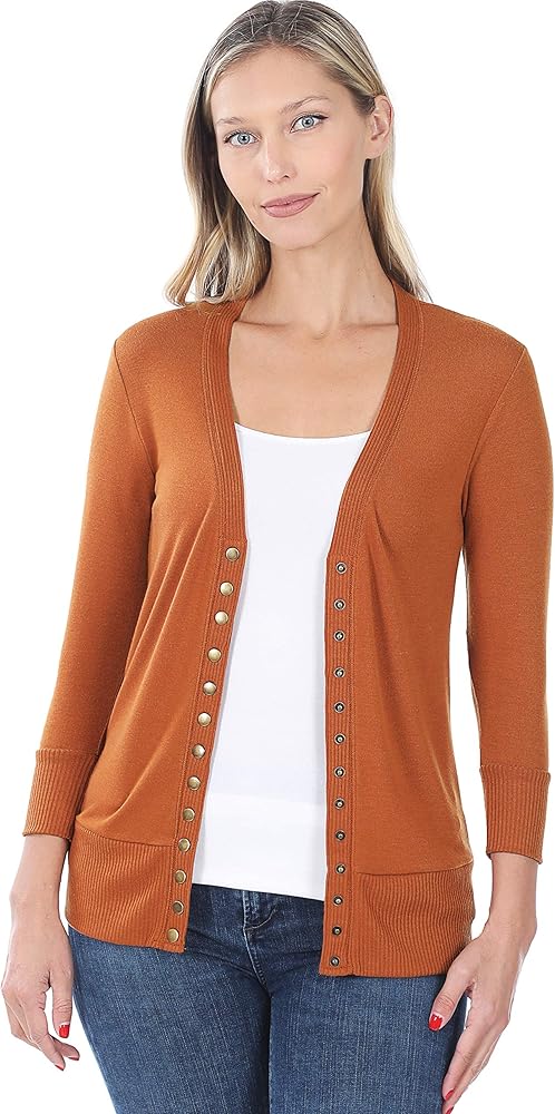 Zenana SNAP BUTTON SWEATER CARDIGAN 3/4 SLEEVE ALMOND-S