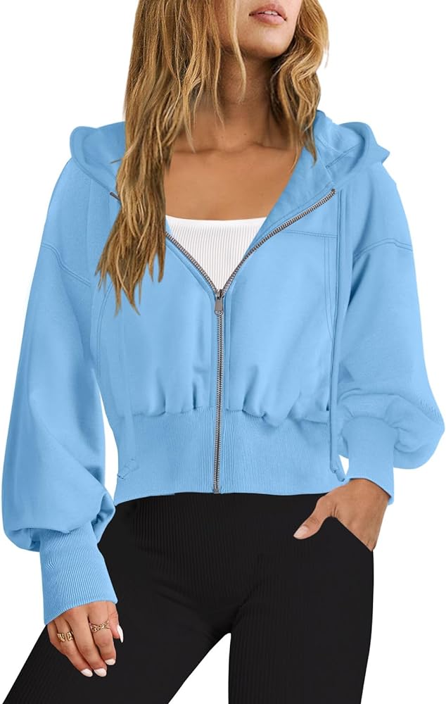 SENSERISE Womens Lightweight Cropped Zip Up Hoodies Sweatshirts With Pokcets Oversized Workout Hoodie