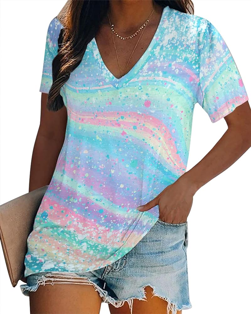 Women Tie Dye V-Neck Shirts Summer Vintage Tunic Tops Fashion Casual Swing Short Sleeve Shirts Blouse Soft Tee