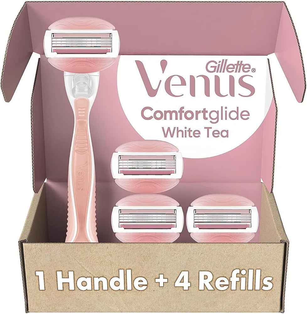 Gillette Venus ComfortGlide Razors for Women, 1 Venus Razor, 4 Razor Blade Refills, White Tea Scented Gel Bars