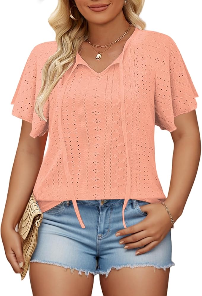 ROSRISS Plus-Size-Womens-Summer-Tops Casual V Neck Shirts Cute Ruffle Short Sleeve Blouses Trendy Dressy Eyelet Tunics XL-5XL