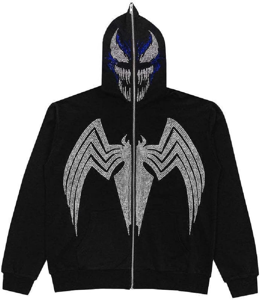 NECHARI Women's Rhinestone Spider Hoodie Y2K Full Zip Up Over Face vintage Jacket Pullover Aesthetics Oversized Sweatshirt