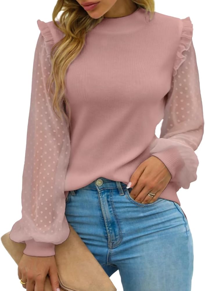 Blooming Jelly Womens Mock Neck Dressy Sweater Sheer Long Sleeve Ruffle Pullover Shirt Business Casual Knit Fall Tops