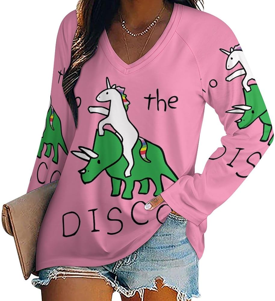 Unicorn Riding Triceratops Disco Loose Womens Shirts Long Sleeve Tees Tops Casual V-Neck Graphic Blouses