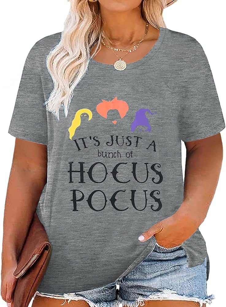 Chulianyouhuo Plus Size Halloween Hocus Pocus T Shirt Women Funny Graphic Print Fall Short Sleeve Tee Tops